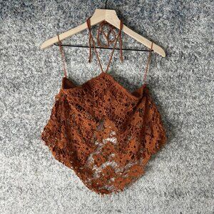 Free People Top Womens Small Rust Brown Crochet Lace Halter Crop Festival Boho